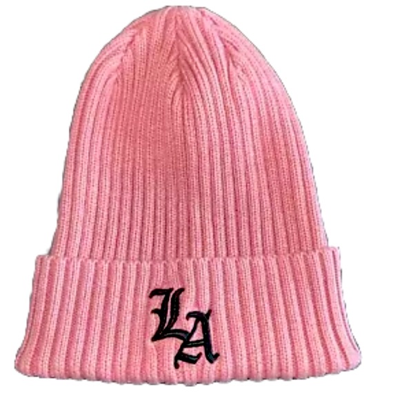 COTTON ON pink & black “LA” logo beanie old english font embroidery - Picture 2 of 6